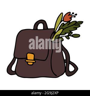 Valigetta con erbe in stile doodle. Immagine vettoriale a colori della borsa da scuola con fiori. Icona a forma di valigia con cartoni animati disegnati a mano. Carino borsa di strega. Illustrazione Vettoriale