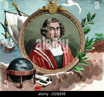 Cristoforo Colombo (1451-1506). italian explorer, navigatore principale e ammiraglio. Scopritore d'America nel 1492. Verticale. Incisione. Colorazione successiva. La Civilizacion (la civiltà), volume III, 1882. Foto Stock