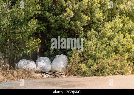 Sacchetti di plastica abbandonati di rifiuti sulla strada.problema di inquinamento ambientale Foto Stock