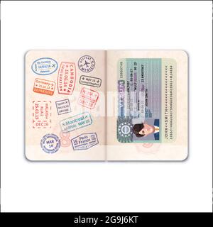 Passaporto straniero aperto con visto e francobolli di immigrazione su bianco Illustrazione Vettoriale