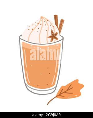 Bevanda autunnale al caffè - latte di spezie di zucca con panna montata e cannella. Illustrazione vettoriale disegnata a mano in stile piano cartoon. Perfetto per carte, inviti, decorazioni, menu, disegni per le vacanze. Illustrazione Vettoriale