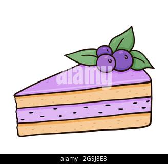 Pezzo di torta al mirtillo decorato con frutti di bosco e menta. Immagine vettoriale disegnata a mano isolata su sfondo bianco. Perfetto per carte, menu, logo, inviti, decorazioni. Illustrazione Vettoriale