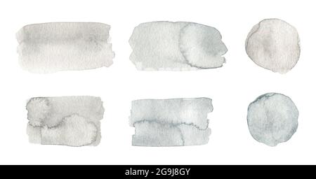 Set di macchie astratte di colore grigio ad acquerello isolate su sfondo bianco. Versamenti di vernice fatturati. Adatto per i vostri progetti, decorazioni, schede. Foto Stock