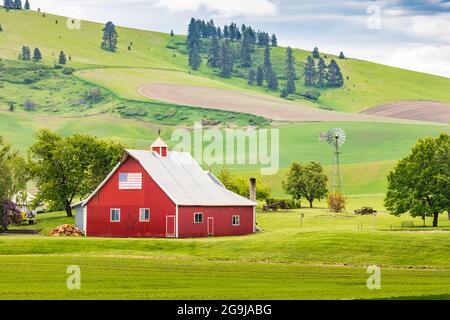 Garfield, Washington, Stati Uniti. 24 maggio 2021. Un granaio rosso su una pittoresca fattoria nelle colline di Palouse. Foto Stock