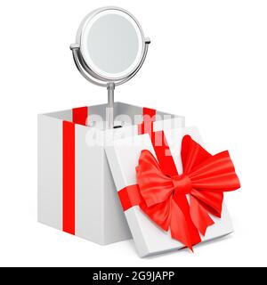 Specchio da trucco illuminato a LED con lente d'ingrandimento all'interno della confezione regalo, concetto regalo. Rendering 3D isolato su sfondo bianco Foto Stock