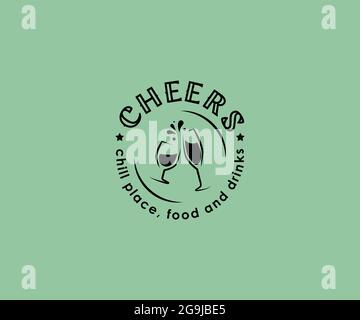Vector abstract logo design templates in stile minimalista lineare alla moda - Cheers con bicchieri. Simboli per il luogo fresco, cibo e bevande Illustrazione Vettoriale