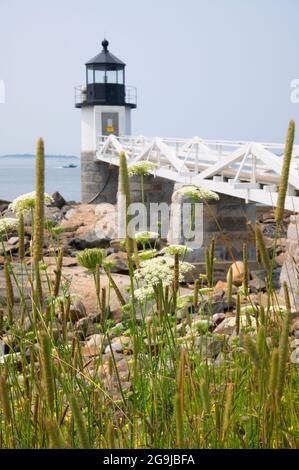 Faro di Marshall Point (1857 attuale torre 1832) a Port Clyde, Maine. Era una scena nel film Forest Gump Foto Stock