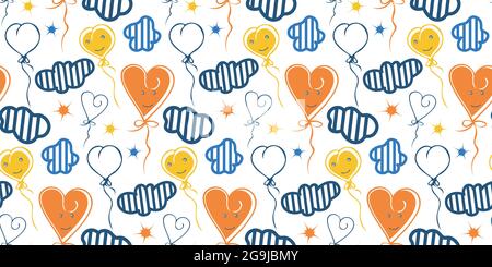 I bambini festano un modello senza cuciture. Illustrazione brillante disegnata a mano, nuvole, personaggi di palloncini, stelle. Sfondo bianco. Vettore Illustrazione Vettoriale