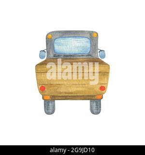 Harvest Truck illustrazione disegnata a mano acquerello, vista auto vuota da dietro, tempo di raccolta, immagine celebrazione vacanze autunno, decorazione del Ringraziamento, invito, poster Foto Stock