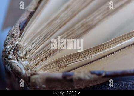 Libro d'epoca - i bordi delle pagine. Macro; DOF poco profondo. Foto Stock