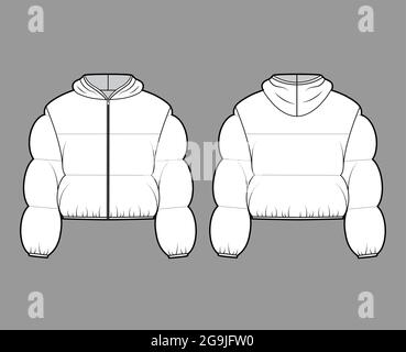 Giacca piumino con cappuccio illustrazione tecnica moda con maniche lunghe, chiusura zip-up, fit boxy, lunghezza del raccolto, trapuntatura larga. Dima piatta anteriore, posteriore, colore bianco. Donne, uomini top CAD Illustrazione Vettoriale