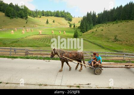 GARDA DE SUS, ROMANIA - 04 AGOSTO 2015: Una giovane coppia che cavalcava un carro trainato da un cavallo su una strada rurale nei monti Afuseni Foto Stock