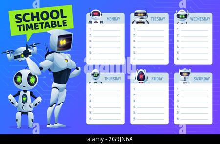 Calendario scolastico con robot e drone, vettoriale istruzione bambini. Piano di studio degli studenti, tabella temporale settimanale o grafico del pianificatore con cartoni animati artificiali Illustrazione Vettoriale