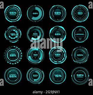 Barre di caricamento futuristiche HUD di icone vettoriali di interfaccia di processo e stato. Pannello di tecnologia digitale con barre di download HUD su schermo al neon o dashboa Illustrazione Vettoriale
