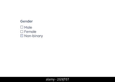 Modulo per selezionare il sesso, compresa l'opzione non binaria, che è selezionata. Concetti di inclusione e non discriminazione. Immagine senza persone e wi Foto Stock