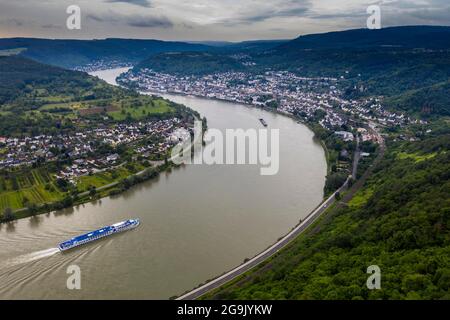 Vista dal Gedeonseck fino al Reno a Boppard, patrimonio mondiale dell'UNESCO valle del Medio Reno, Germania Foto Stock