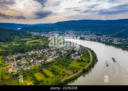 Vista dal Gedeonseck fino al Reno a Boppard, patrimonio dell'umanità dell'UNESCO valle del Reno di Midle, Germania Foto Stock