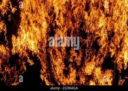 FUOCO - filamenti di lana d'acciaio che bruciano, ossidano, bruciano. Simile al fuoco della foresta. Foto Stock