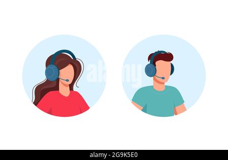 Icone di specialista dell'assistenza, dipendente del call center, uomo e donna. Iconografia piatta vettoriale isolata su sfondo bianco. Illustrazione Vettoriale