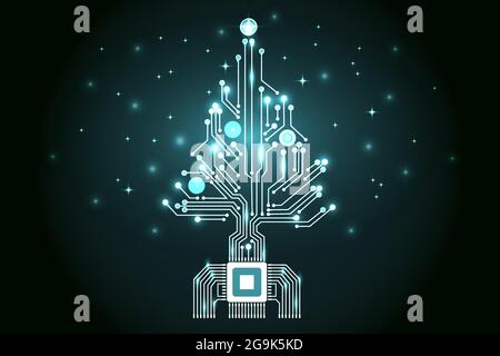 Albero di Natale dal circuito elettronico digitale. Microchip astratto per scheda madre con illuminazione verde. Illustrazione vettoriale Illustrazione Vettoriale
