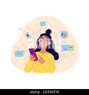 Girl Holding smartphone legge messaggio, comunicazione web, illustrazione vettoriale di cartoni animati, design piatto Illustrazione Vettoriale