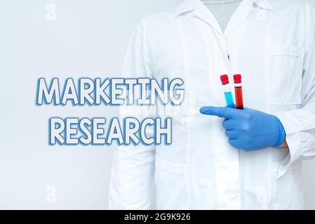 Cartello di testo che mostra Marketing Research. Business idea processo di determinare la vitalità di un nuovo servizio chimico presentante infezione cura, medico Foto Stock