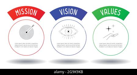 Concetto di missione, visione, valori - tre icone - illustrazione vettoriale Illustrazione Vettoriale