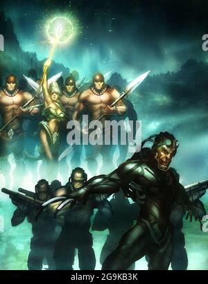 illustrazione digitale del carattere fantascientifico di fantasia nella battaglia di guerra contro l'un l'altro ambiente paesaggistico Foto Stock