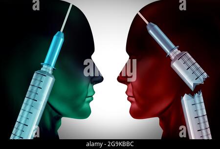 Concetto anti-Vaxxer e persone non vaccinate e vaccinate come anti-vaccino o individui che si oppongono a prendere vaccini con elementi di illustrazione 3D. Foto Stock