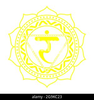 Il terzo chakra di Manipur. Solar Plexus Chakra con sanscrito indù. Il giallo è un simbolo piatto della meditazione, yoga.Illustrazione Foto Stock