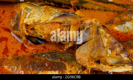 Delizioso pesce sgombro fatto in casa curry con la signora dito cotto nel latte di cocco. Piatti molto popolari nella Malesia settentrionale. Foto Stock