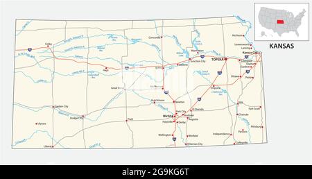 Mappa stradale dello stato americano del kansas Illustrazione Vettoriale