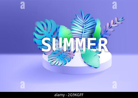 3D Tropical lascia scena podio con testo Estate, sfondo botanico. Rendering del piedistallo del fogliame vettoriale, banner modello dell'illustrazione della tavola Illustrazione Vettoriale
