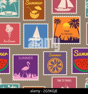 Francobolli senza giunture motivo Estate vacanza. Retrò sfondo segni viaggio esotico tour. Immagine vettoriale stile vintage di sfondo Illustrazione Vettoriale