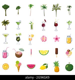 Elementi del set estivo gelato, bevande, palme, frutta, fiori. Icone di collezione per biglietti, poster, adesivi. Illustrazione stile cartoon vettoriale Illustrazione Vettoriale
