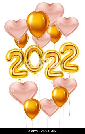 Felice anno nuovo 2022 palloncini d'oro. Numeri di foglia d'oro, palloncini con cuori rosa, confetti, nastri, poster, striscione. 3D vettoriale realistico Illustrazione Vettoriale