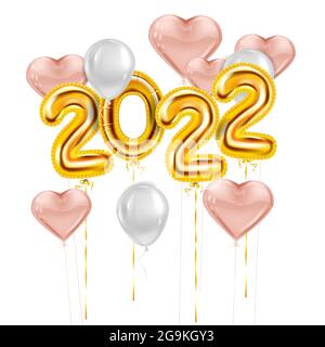 Felice anno nuovo 2022 palloncini d'oro. Numeri di foglia d'oro, palloncini con cuori rosa, confetti, nastri, poster, striscione. 3D vettoriale realistico Illustrazione Vettoriale
