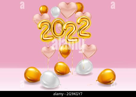 Happy New Year 2022 palloncini d'oro, stage studio. Numeri d'oro, palloncini con, confetti, nastri, poster, banner. 3D vettoriale realistico Illustrazione Vettoriale