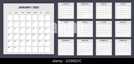 Calendario Planner per 2022, impostare 12 mesi. Modello mensile per attività di agenda. La settimana inizia domenica, vettore Illustrazione Vettoriale