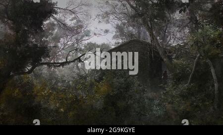 Pittura matti digitale di orrore scuro abbandonare capanna strega casetta fantasia ambiente scena sfondo nella foresta infestata Foto Stock