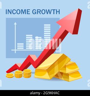 Aumentare reddito ricavi finanziari, crescita tasso di denaro in aumento. Freccia su, Gold barre monete fondo, concetto di business, economico, capital earnings Illustrazione Vettoriale