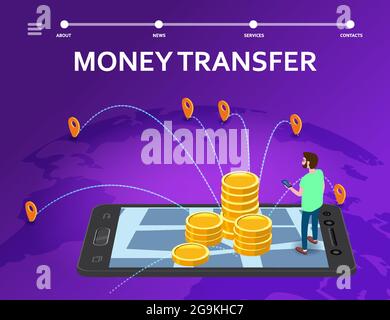 Trasferimento di denaro attraverso la Terra Internet banking isometrica. Smartphone uomo, pile di monete, tecnologia di transazioni di denaro, concetto di e-commerce di pagamento mobile Illustrazione Vettoriale