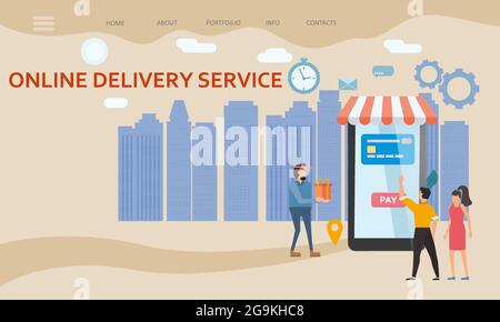 Modello del servizio di consegna online. Uomo e donna acquirenti, smartphone, spedizione, consegna. Concetto di e-commerce. Ordine di merci online. Vettore isolato Illustrazione Vettoriale