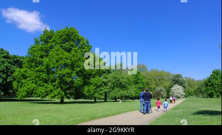 Londra, Inghilterra - 27 maggio 2013: Una famiglia sta camminando in un vicolo nel Green Park della città di Westminster. Due bambini, un maschio e una femmina, sono wa Foto Stock