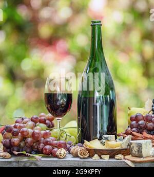 Uva, bottiglia di vino e formaggi diversi su tavola di legno di campagna e sfocato sfondo colorato autunno. Varietà di prodotti come il simbolo di autu Foto Stock