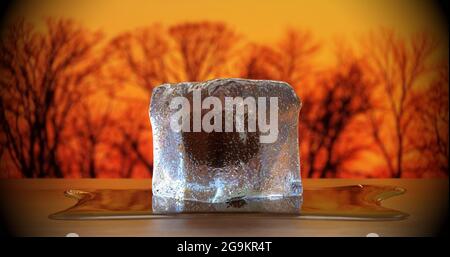 Cubo di ghiaccio sullo sfondo del tramonto. rendering 3d Foto Stock