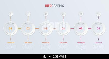 Modello infografico astratto e arrotondato con 6 opzioni. Diagramma rosso, timeline e programma isolati su sfondo chiaro. Illustrazione Vettoriale