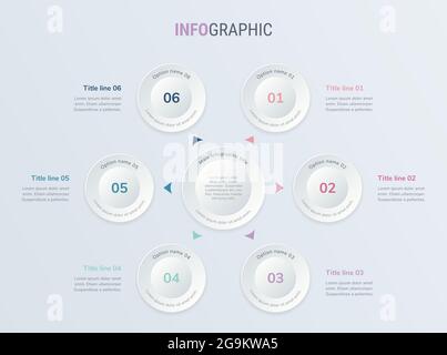 Modello infografico rosso. design arrotondato a 6 fasi. Elementi della timeline vettoriale per le presentazioni. Illustrazione Vettoriale