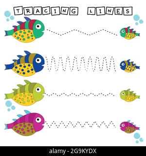 Tracciatura gioco linee con pesci divertenti. Foglio di lavoro per bambini in età prescolare, foglio attività per bambini, foglio di lavoro stampabile Illustrazione Vettoriale