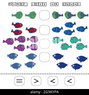 Che è più grande, meno o uguale gioco con pesci divertenti. Foglio di lavoro per bambini in età prescolare, foglio attività per bambini, foglio di lavoro stampabile Illustrazione Vettoriale
